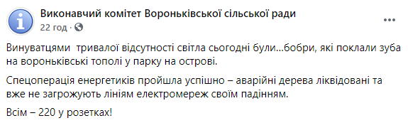 Бобры оставили без света село под Киевом. Скриншот: Фейсбук