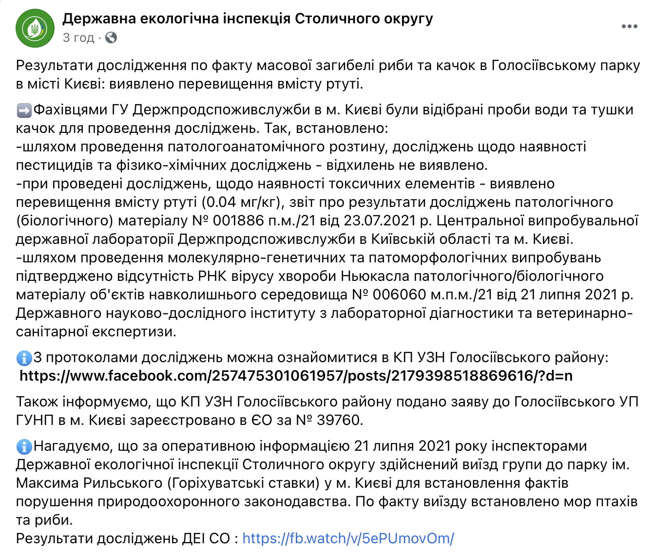 В Голосеевском парке в Киеве из-за высокого содержания ртути в воде массово погибли утки и рыбы