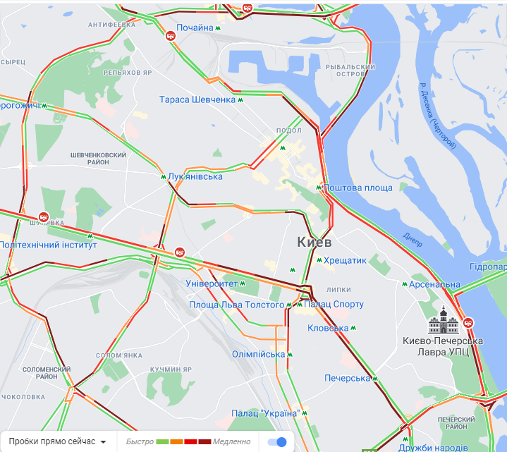 Пробки в Киеве вечером 5 апреля. Скриншот: google.com/maps