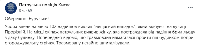 На женщину в Киеве упал лед с крыши. Скриншот facebook.com/kyivpatrol